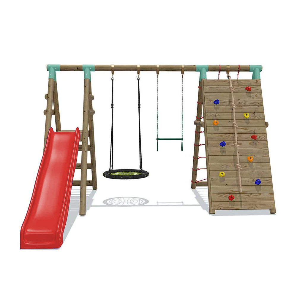 Go Wild Swing Set With 65cm Nest, Climbing Wall Trapeze 8ft Slide