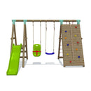 Go Wild Wooden Double Baby Swing Set With Climbing Wall & 6ft Slide - Titan Toys