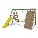 Go Wild Wooden Double Swing Set With Climbing Wall & 6ft Slide - Titan Toys