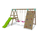 Go Wild Wooden Double Swing Set With Climbing Wall & 6ft Slide - Titan Toys