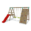 Go Wild Wooden Double Swing Set With Climbing Wall & 6ft Slide - Titan Toys