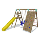 Go Wild Wooden Glider Swing Set With Climbing Wall Plus 8ft Slide - Titan Toys