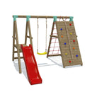 Go Wild Wooden Swing Set With Climbing Wall & 6ft Slide - Titan Toys