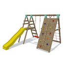 Go Wild Wooden Swing Set With Climbing Wall & 8ft Slide - Titan Toys