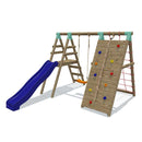 Go Wild Wooden Swing Set With Climbing Wall & 8ft Slide - Titan Toys