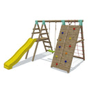 Go Wild Wooden Swing Set With Climbing Wall & 8ft Slide - Titan Toys