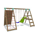 Go Wild Wooden Double Baby Swing Set With Climbing Wall & 6ft Slide - Titan Toys