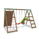 Go Wild Wooden Double Swing Set With Climbing Wall & 6ft Slide - Titan Toys