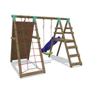 Go Wild Wooden Swing Set With Climbing Wall & 8ft Slide - Titan Toys
