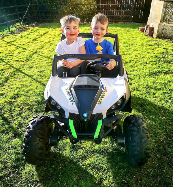 boys enjoying being outdoors in their kids ride-on buggy