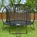 large sturdy trampoline with net enclosure and stairs