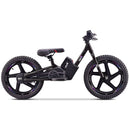 A black balance bike with rugged tires, a central battery pack, and a step-through frame, shown from a side profile on a white background.
