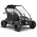 A black off-road dune buggy with a clear windshield, roll cage, and four off-road tires, shown from a three-quarters angle on a white background.