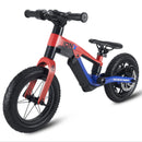 a red and blue ride on electric balance bike for kids 