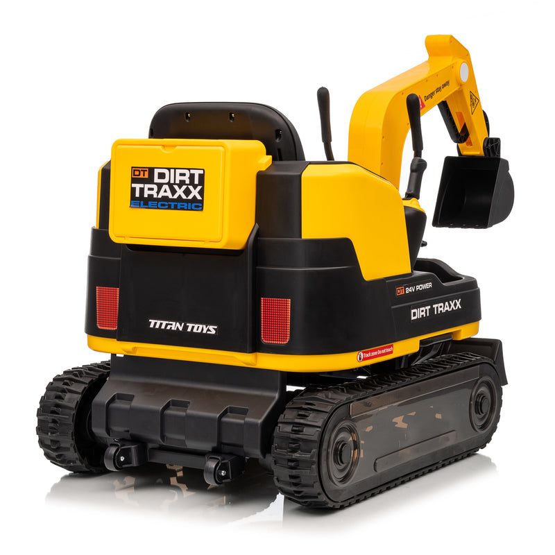 Toy excavator with 'DIRT TRAXX' branding on a white background