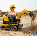Child playing with a toy excavator on a construction site