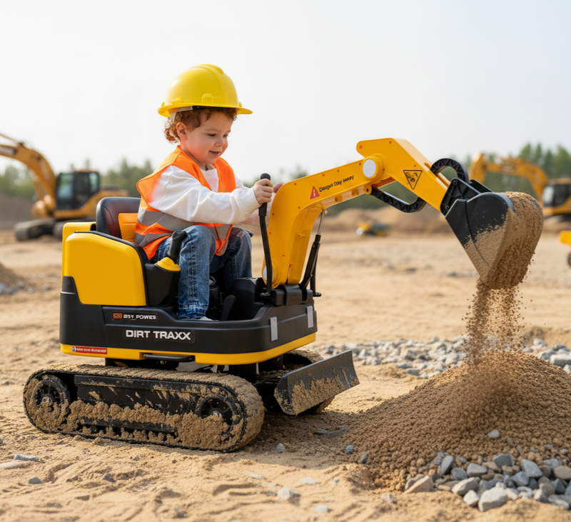 Child playing with a toy excavator on a construction site