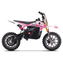 A pink and white electric dirt bike with black components, featuring the number 45 and the brand name ICON on the side, shown against a plain white background.