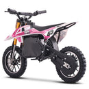 A pink and black kids' electric dirt bike with number 49 on the side, shown from a three-quarters angle against a plain white background.