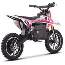 A pink and black electric dirt bike with the number 45 on its side panels, photographed from a three-quarters rear angle against a clean white background.