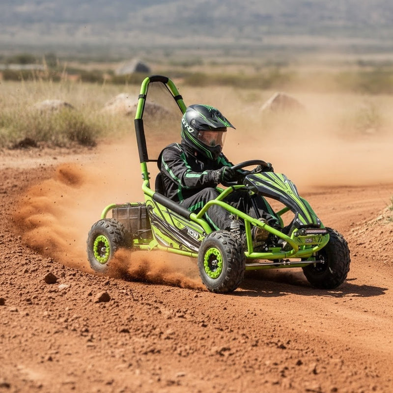 Person driving a green go-kart on a dirt track with a desert landscape in the background