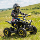 Child riding a yellow ATV in a grassy field with a scenic background