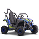 Side view of a blue and black off-road vehicle on a white background