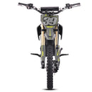 Front view of a dirt bike with a black and gray body, gold front forks, and a yellow number 39 graphic on the front fender, isolated on a white background.