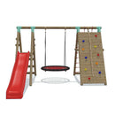 large climbing frame with an added slide and climbing wall