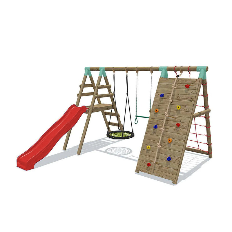 climbing frame with nest swing and climbing wall 