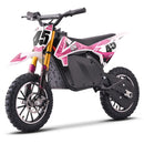 A pink and white electric dirt bike with black and gold components, shown from a three-quarters front angle on a white background.