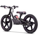 A black electric balance bike with a battery pack mounted on the frame, black tires, and purple rim accents, shown on a white background.