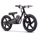 A black electric balance bike with a step-through frame, thick knobby tires, and a central battery pack, shown on a plain white background.