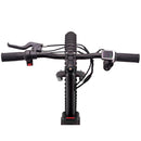 Front view of a black electric bicycle handlebar with integrated brake levers, a central handlebar stem, and a small digital display on the right side, isolated on a white background.