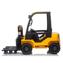 a yellow battery ride on forklift truck for kids with real lifting mast 