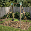 a single wooden swing frame with a round birds nest seat