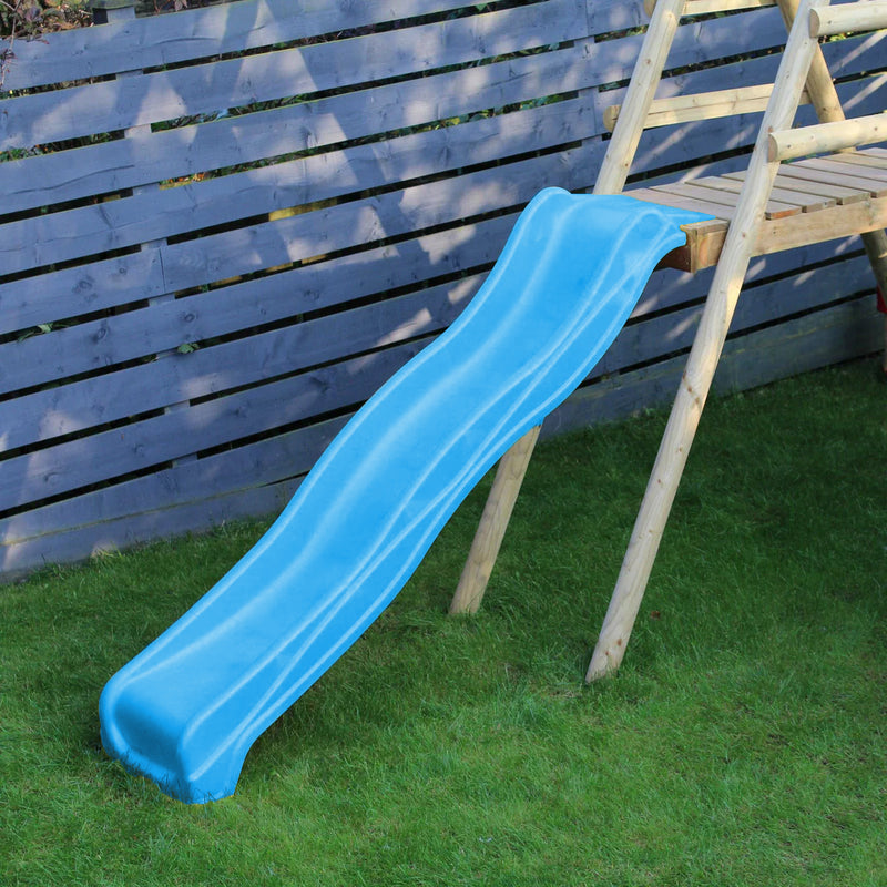 light blue 8 foot slide attached to a wooden platform