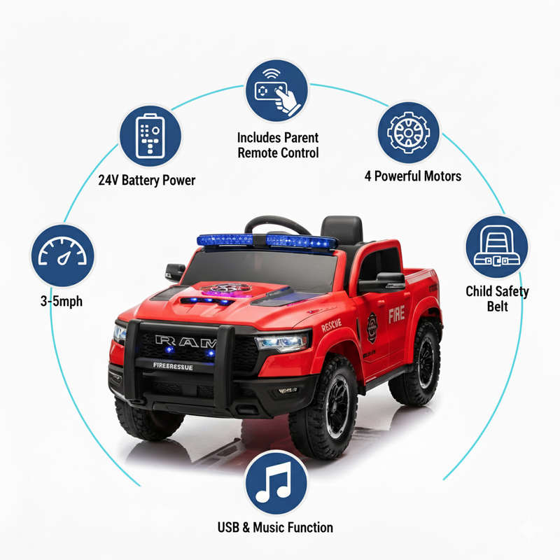 a fire engine for kids to drive that is 24v battery powered and has a parent remote control 