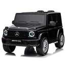 Black Mercedes-Benz G-Class style ride-on toy car with AMG front badge, silver wheels, and circular LED headlights, shown on a clean white background.