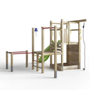 a wooden climbing frame with double height platforms and metal gym bars.  also includes a pull up rope and 8ft slide climbing wall 