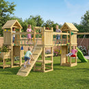 a childrens climbing frame with towers and bridges