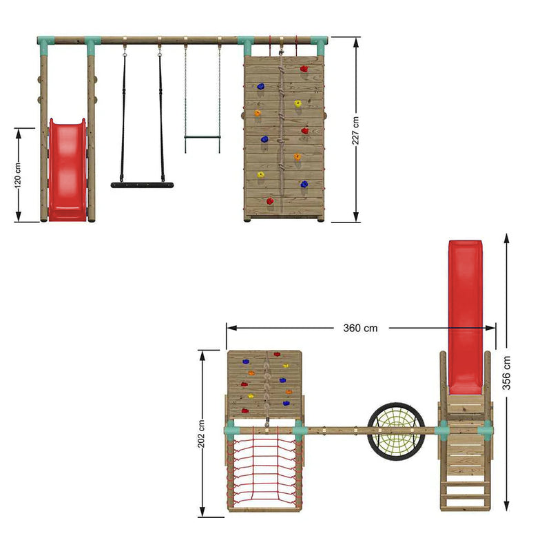 go wild wooden swing set with 8ft slide and climbing wall 