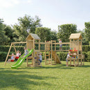 a large activity climbing frame with sandpit, 2 towers, double swing set and slide. 