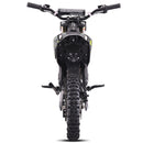 A rear view of a black and gray Husqvarna dirt bike with knobby off-road tires, set against a solid white background.