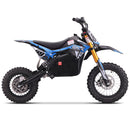 A blue and black electric dirt bike with knobby tires, a black seat, and a gold front fork, shown in a side profile on a white background.