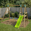 a large double swing set and a green 6 foot slide 