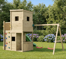 a twin level hideout playhouse with double swing set and climbing frame with a 10ft slide 