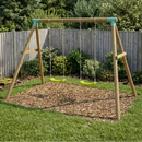 a kids double wooden swing set 