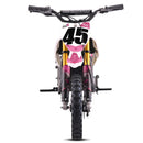 Front view of a Minimotor dirt bike with a pink and white number 45 race number plate, black handlebars, and gold front forks on a white background.