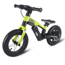 a 12 inch green balance bike with a 24v battery and ADJUSTABLE SEAT